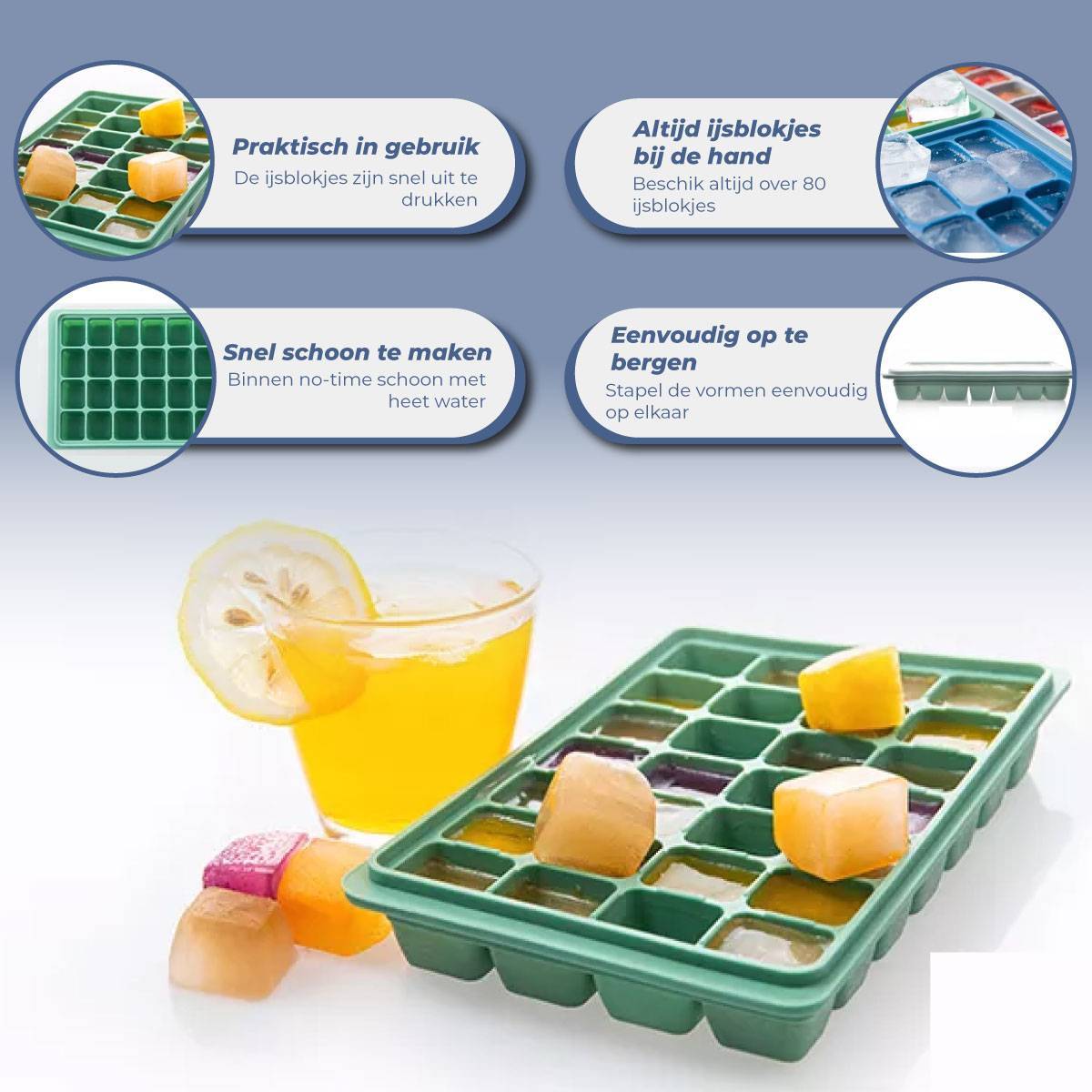 Silicone IJsblokjesvorm met deksel – 2 stuks – 56 ijsblokjes (1x groen & 1x blauw)